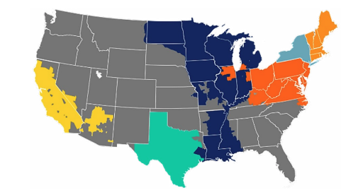 Map of U.S. demand response market regions with corresponding annual values chart. Shows capacity and ancillary service rates by region: MISO $25K–$30K, CAISO $80K–$108K, ERCOT $60K–$100K, ISO-NE $31K, NYISO $50K–$180K, PJM $120K. Highlights how demand response value varies across the country