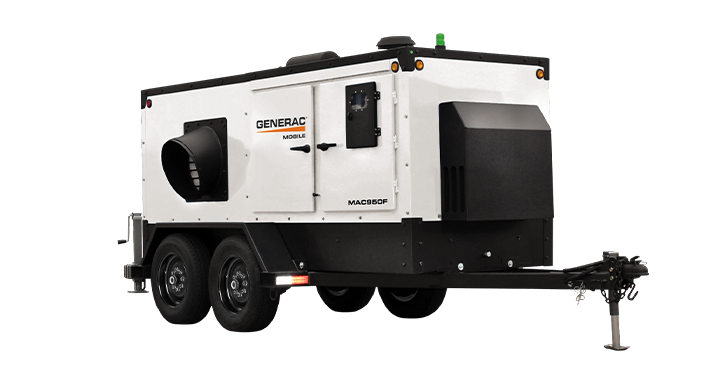 Generac mobile generator and trailer on white background.