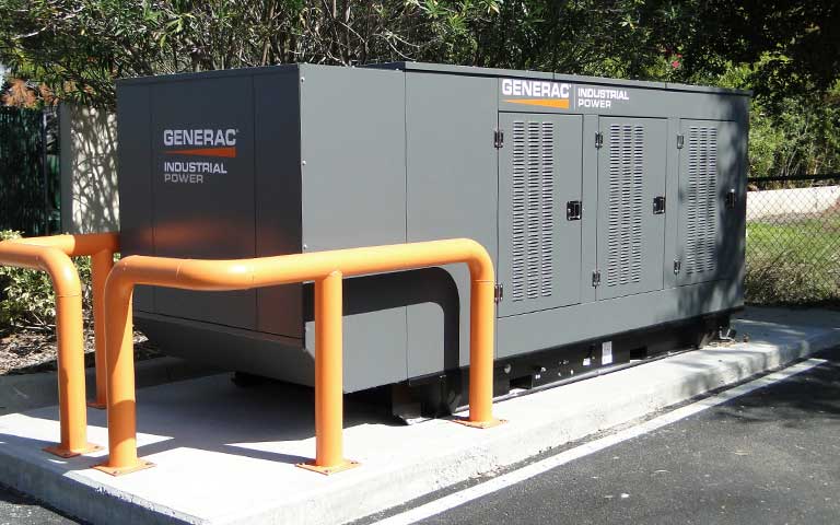 Generac Industrial Power gaseous generator outside on a designated platform.