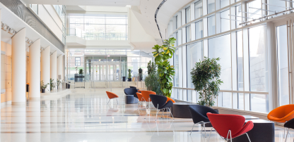 An image of a modern lobby inside of an office building.