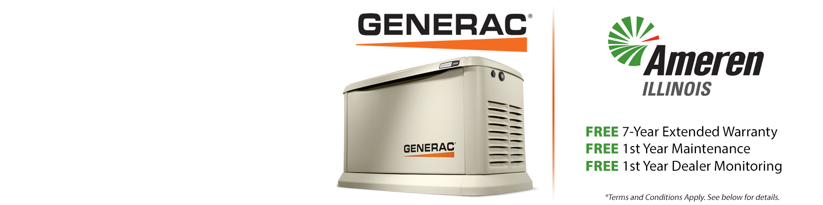 Generac logo, home standby generator and Ameren Illinois logo.