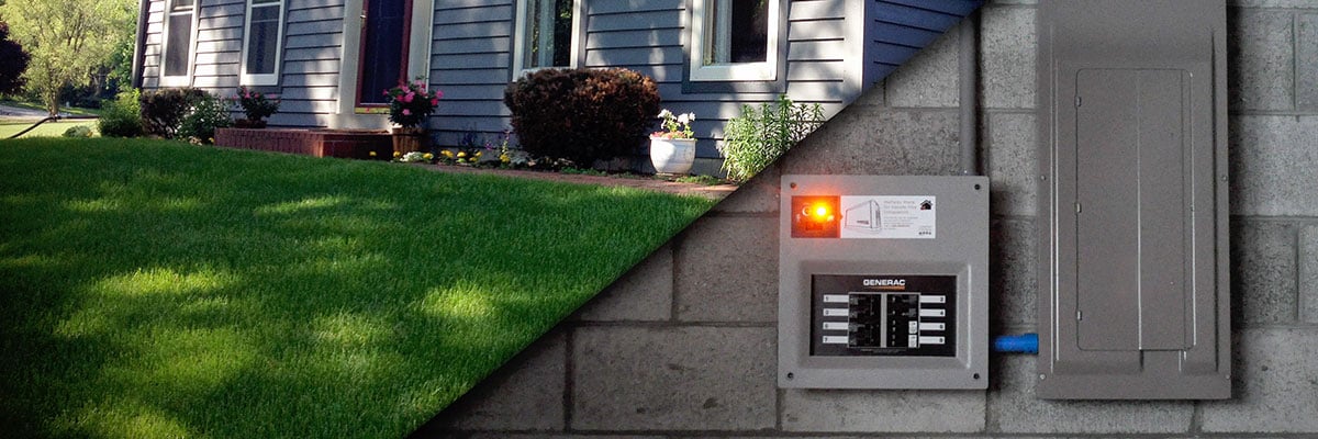 Dual image of a home and front lawn, and another shot of transfer switches against cement blocks.