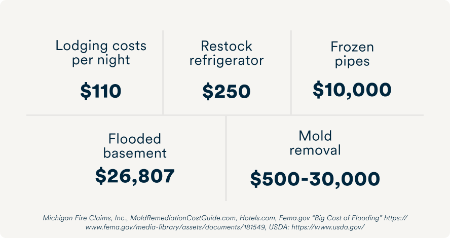 Frozen pipes: $10,000. Flooded basement: $26,807. Restock refrigerator: $250. Alternate shelter per night: $110. Mold removal: $500-$30,000.