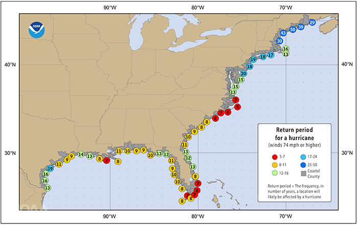 map of south eastern USA showing the return period for a hurricane.